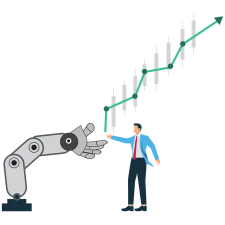 Robotic Arms and Human Hands Work Together to Support Upward Growing Arrow Chart  Illustration