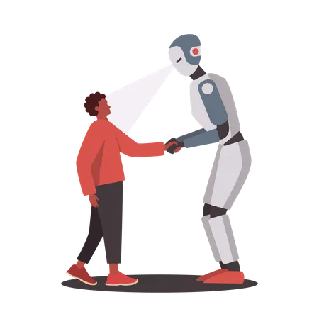 Character And Robot Shaking Hands AI Help A Man Teamwork With Robot Cyborg People Service Futuristic Business Process Idea Vector Illustration In Cartoon Style Illustration