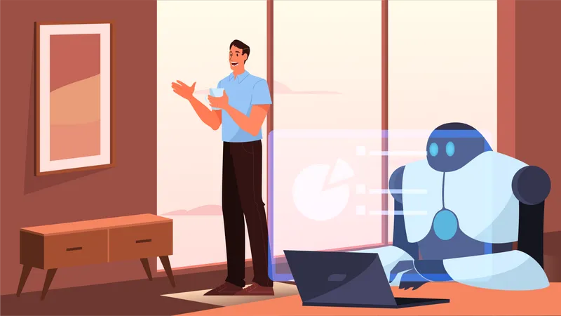 Artificial Intelligence As A Part Of Human Routine Domestic Personal Robot For People Assistance AI Helps A Businessman Future Technology Concept Vector Illustration In Cartoon Style Illustration