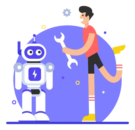 Person And Robot With Spanner Concept Of Robotic Engineering Flat Illustration Illustration