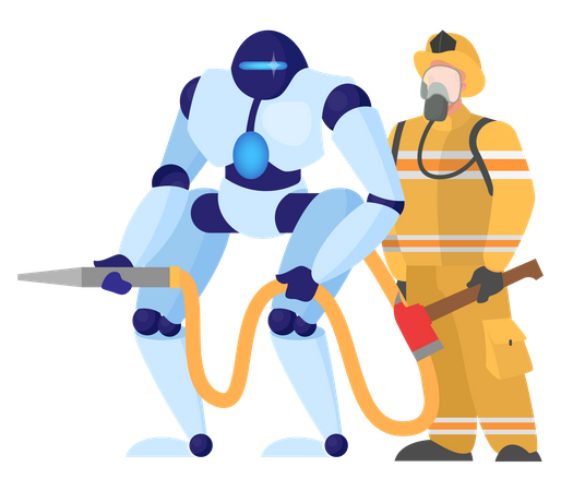 Robotic fireman help human being Illustration