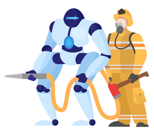 Robotic fireman help human being  Illustration