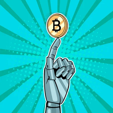 Robotic hand holding golden bitcoin Illustration