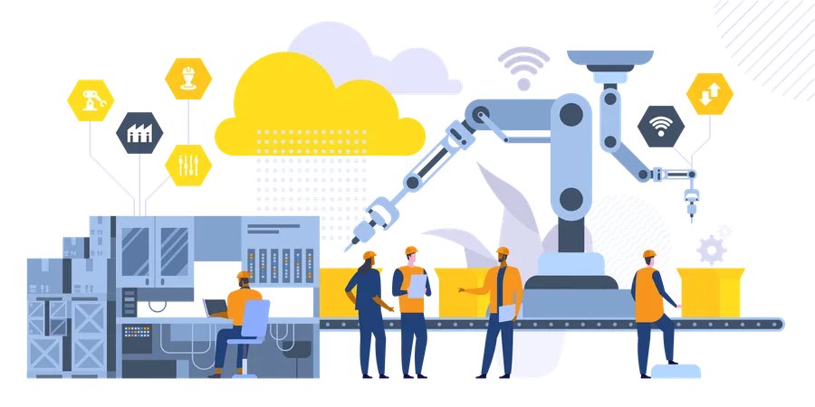 Robotic Machinery Flat Vector Illustration Factory Workers Engineers Cartoon Characters High Tech Manufacturing Technologies Coworkers Standing Near Assembly Line Industrial Revolution Concept Illustration