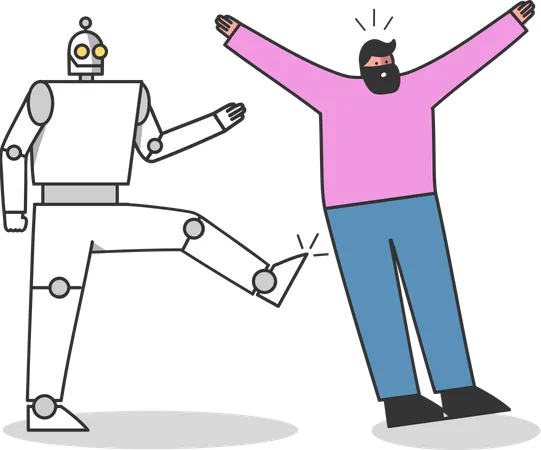 Robotic worker kicks human professional  Illustration