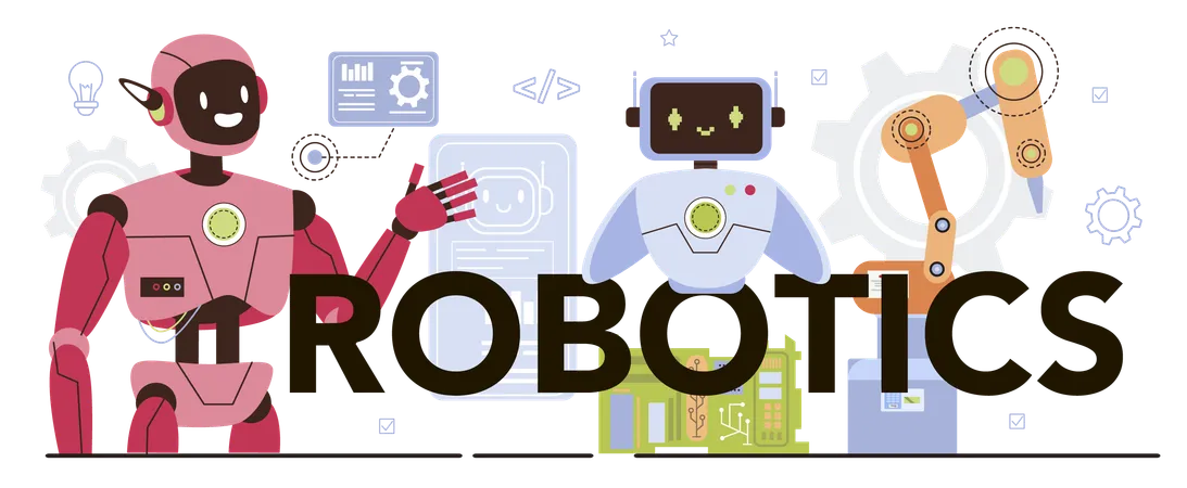 Robotics Typographic Header Cyber Engineering Robotics Constructing Developing And Setting Idea Of Artificial Intelligence Programming Automation System Innovation Flat Vector Illustration Illustration