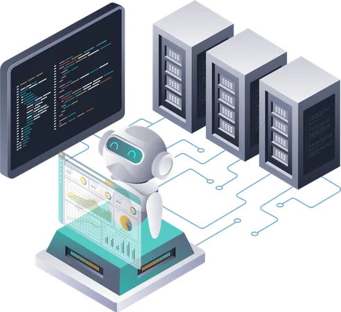 Robots Analyzing Data in Cloud Servers  Illustration