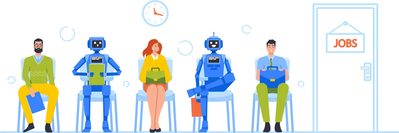 Robots And Human Waiting In Lobby Sitting On Chairs In Line Characters At Company Hall Hiring At Work Interview At Office Hr Robotization And Cyborg VS People Concept Cartoon Vector Illustration Illustration