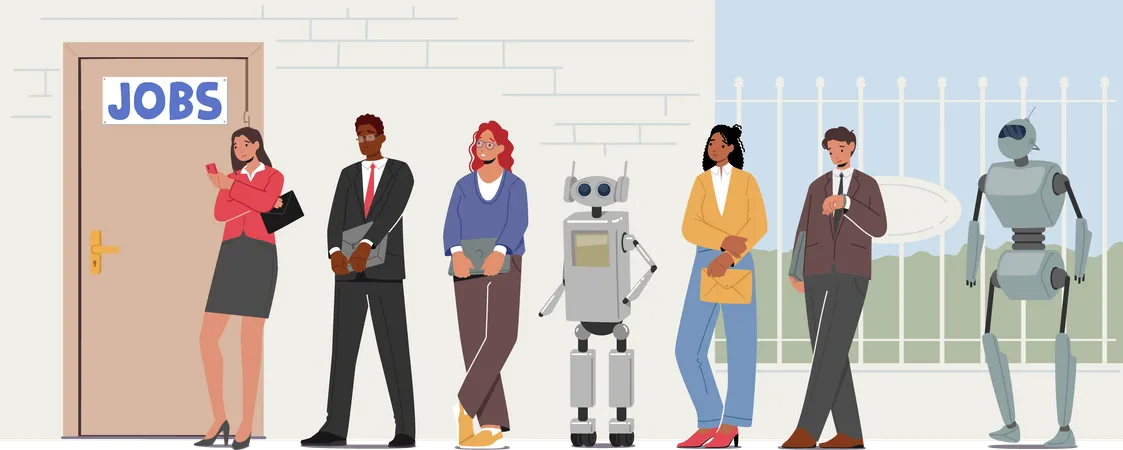 Robots and Human Waiting in Lobby Stand in Line Waiting Job Interview  Illustration