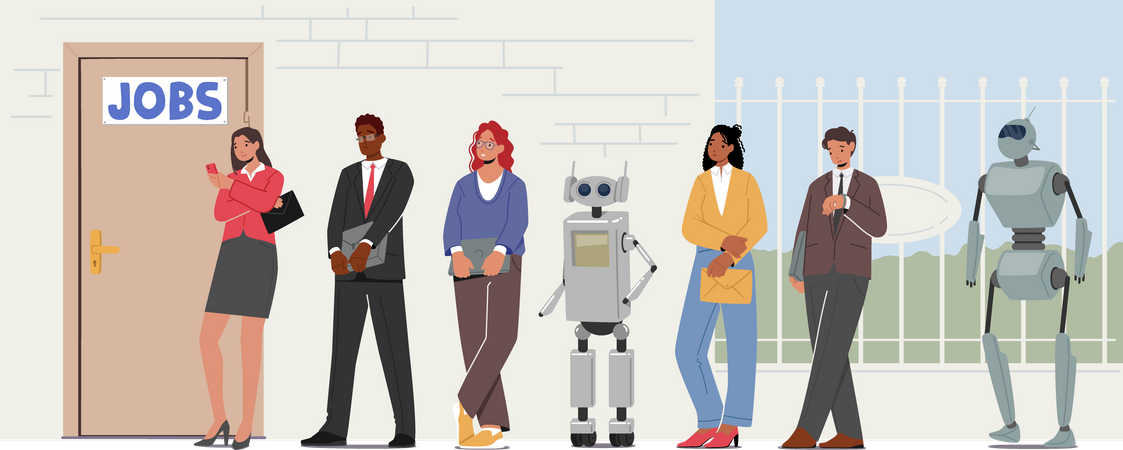 Robots and Human Waiting in Lobby Stand in Line Waiting Job Interview  Illustration