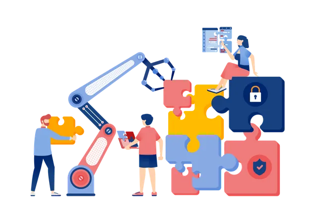 Robots and People Solving Security System Problems Using Puzzles  Illustration