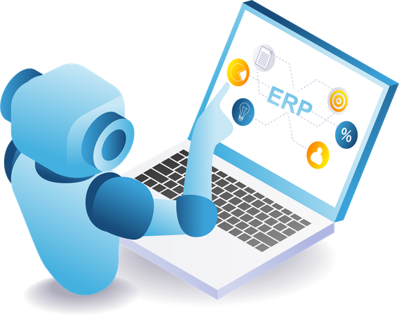 Robots control ERP business systems  Illustration