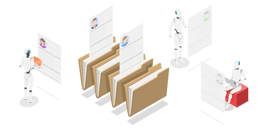 Isometric Vector Conceptual Illustration Robots Are Searching The Best Candidate For Some Position Through CV Database AI In HR Robot Headhunter Illustration