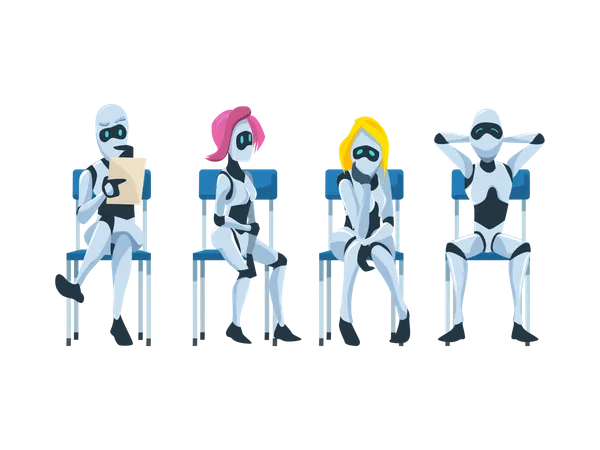 Robots sitting in Queue for Job Interview  Illustration