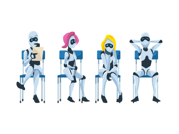 Robots sitting in Queue for Job Interview  Illustration