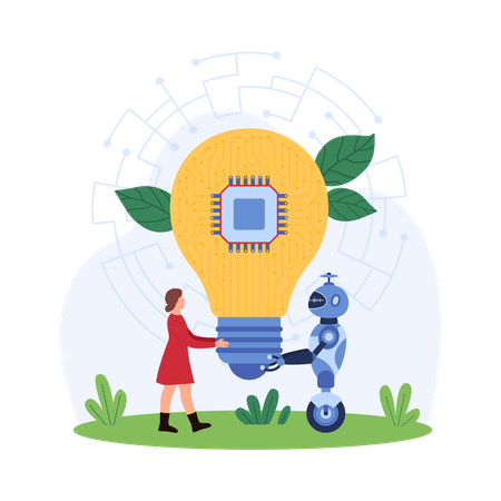 Robots y humanos desarrollando ideas  Ilustración