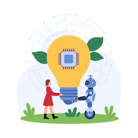 Robots y humanos desarrollando ideas  Ilustración