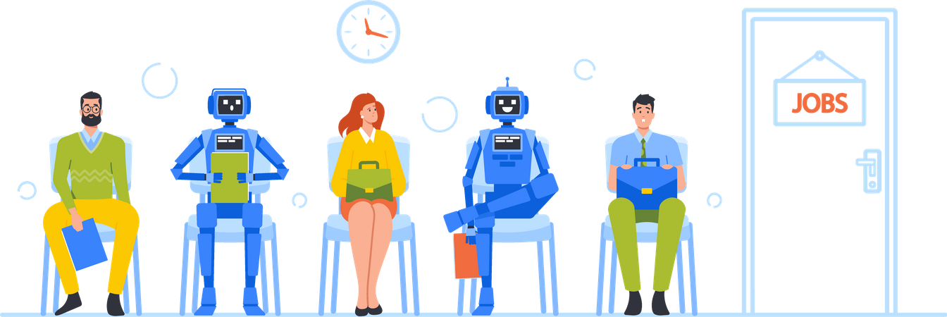 Robots y humanos esperando una entrevista de trabajo.  Ilustración