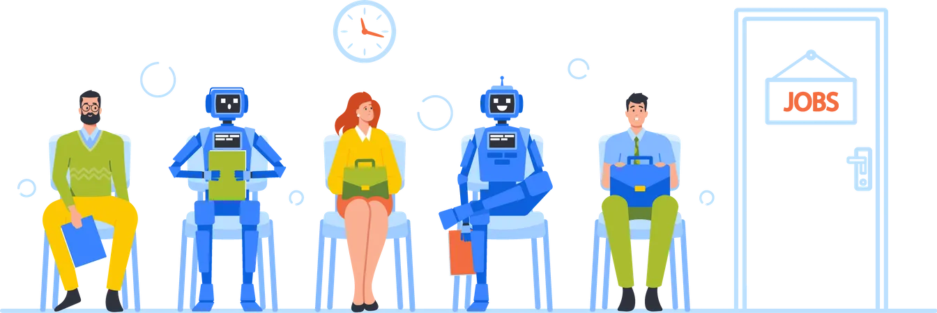 Robots y humanos esperando una entrevista de trabajo.  Ilustración