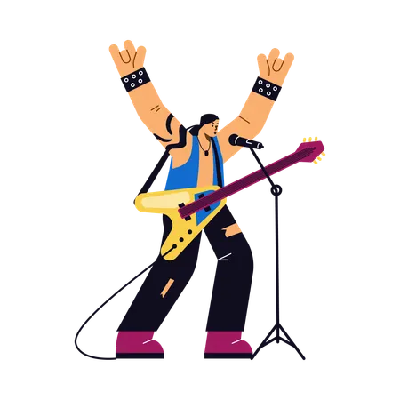 Rock band member playing guitar and signing  Illustration