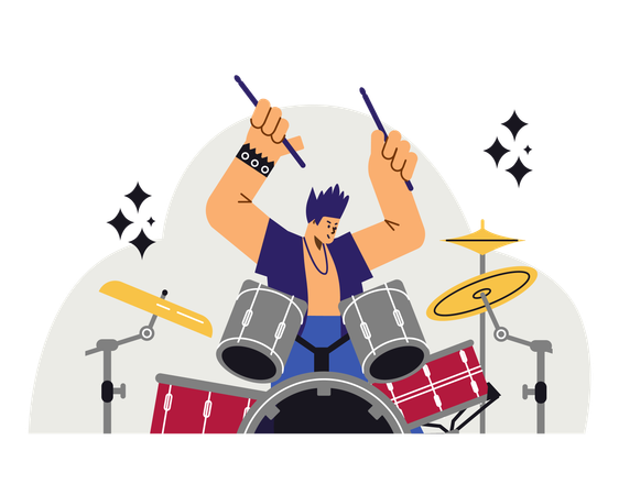 Rock band musician playing drums in concert  Illustration