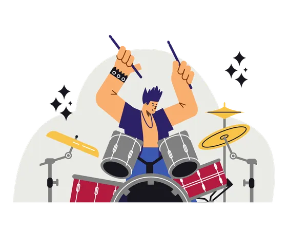 Rock band musician playing drums in concert  Illustration
