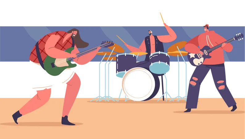 Rock Band Performing On Stage Male Artists Dressed In Rocking Outfits Play Electric Guitars And Drums During An Energetic Music Concert Cartoon Vector Illustration Illustration