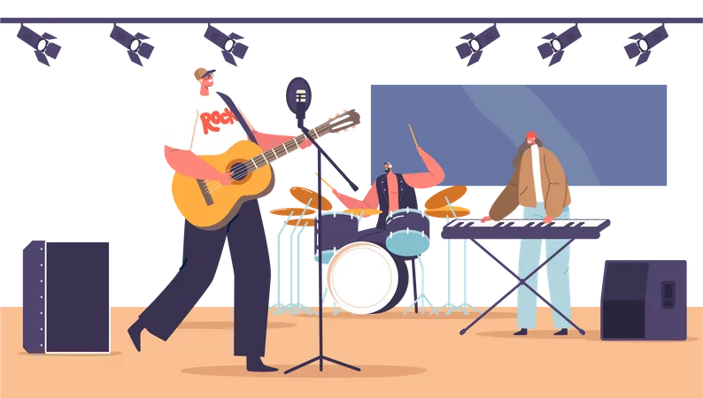 Rock Band Characters Performing Night Club Show On Stage Drummer Guitarist And Man Playing Electric Piano Music Concert Artists Playing Musical Instruments Cartoon People Vector Illustration Illustration