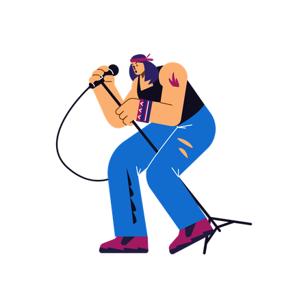 Rock band vocalist holding microphone and singing rock music  Illustration