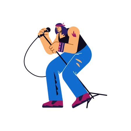 Rock band vocalist holding microphone and singing rock music  Illustration
