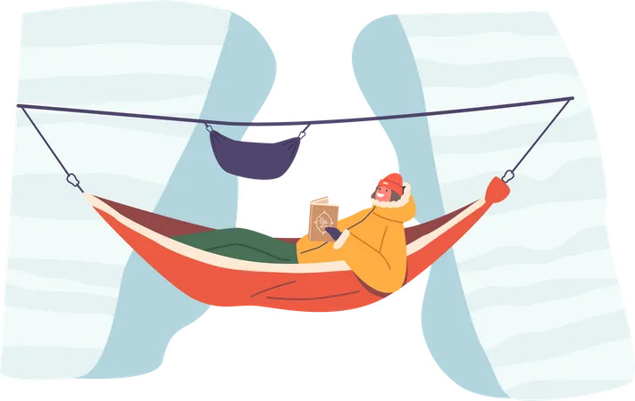 Perched High Above A Rock Climber Female Character Reading Book Finds Solace In A Hammock Surrounded By Nature Grandeur A Moment Of Tranquil Suspension Cartoon People Vector Illustration Illustration