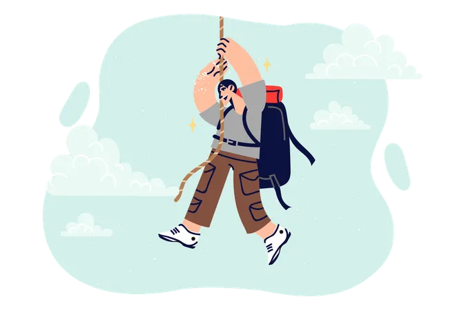 Man Climber Climbs Rope Hanging From Sky Enjoys Extreme Sports And Outdoor Activities Rock Climber Guy With Tourist Backpack On Back Takes Part In Hike Overcoming Difficult Obstacles Illustration