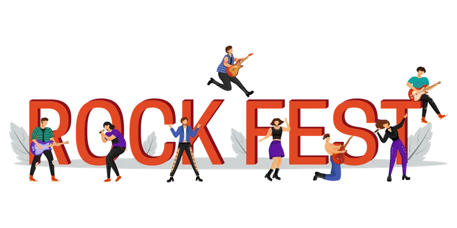 Rock Fest Flat Color Vector Illustration Musical Performance Cartoon Characters On White Background Music Festival Word Concepts Banner Isolated Typography Vector Illustration Illustration