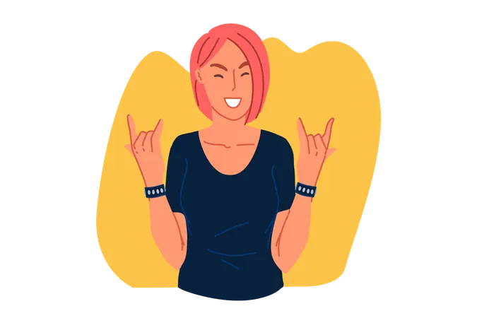 Youth Carefree Lifestyle Concept Rocker Fan Girl Showing Devil Horns Gesture Rock Music Admirer With Metal Hand Sign Rock N Roll Concert Spectator Excitement Expression Simple Flat Vector Illustration