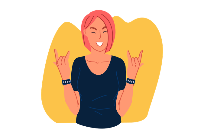 Rocker fan girl showing devil horns gesture  Illustration