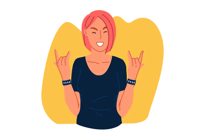 Rocker fan girl showing devil horns gesture  Illustration