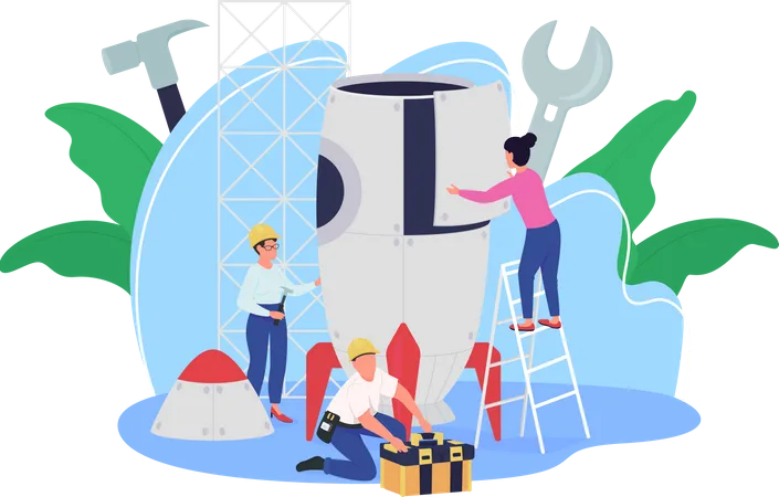 Rocket Building Facility Flat Color Vector Illustration Spaceship Creation Team Of Smart Genius People 2 D Cartoon Characters With Big Modern Rocket For Space Exploration Mission On Background Illustration