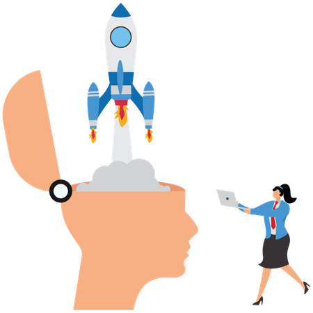 Rocket launching, Businesswoman rocket fired from the brain  Illustration