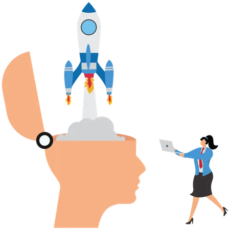 Rocket launching, Businesswoman rocket fired from the brain  Illustration