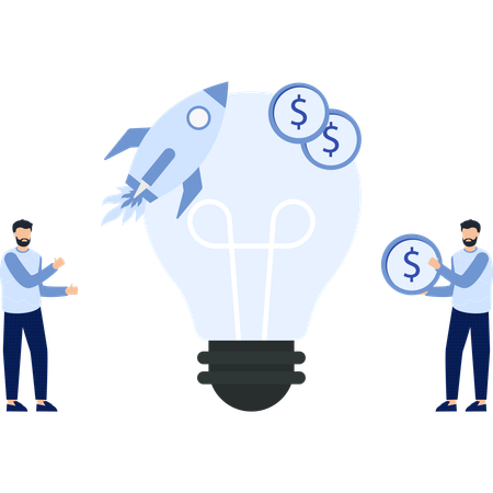 Rocket Launching from a Lightbulb with Dollar Signs Business  Illustration