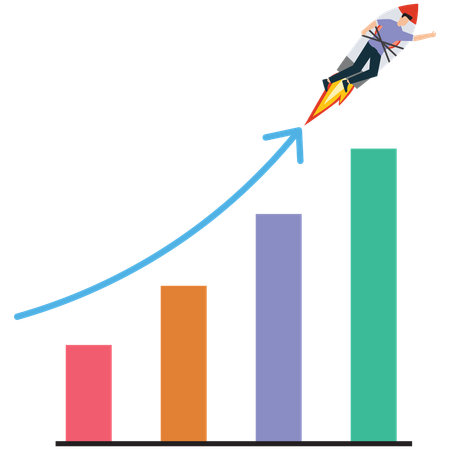 Rocket Riding Businessman Soaring on Bar Graph Growth  Illustration