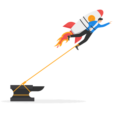 Rocket taking off chained to anchor holding onto the falling chart  Illustration