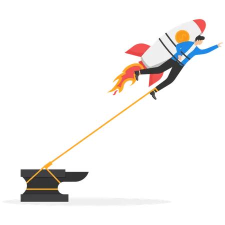 Rocket taking off chained to anchor holding onto the falling chart  Illustration