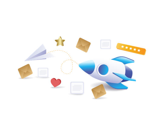 Rockets glide between email letters  イラスト