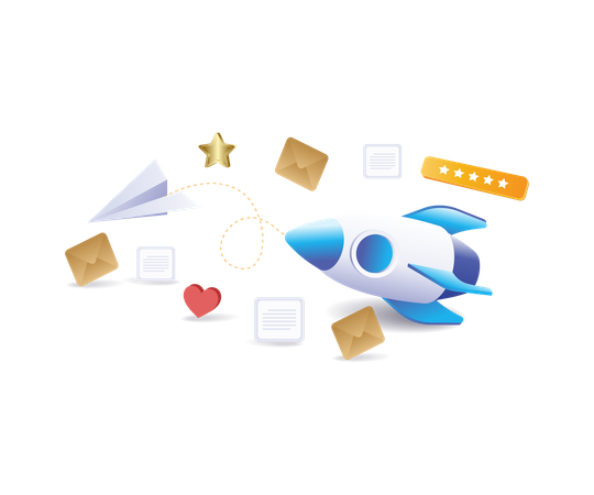 Rockets glide between email letters  Illustration