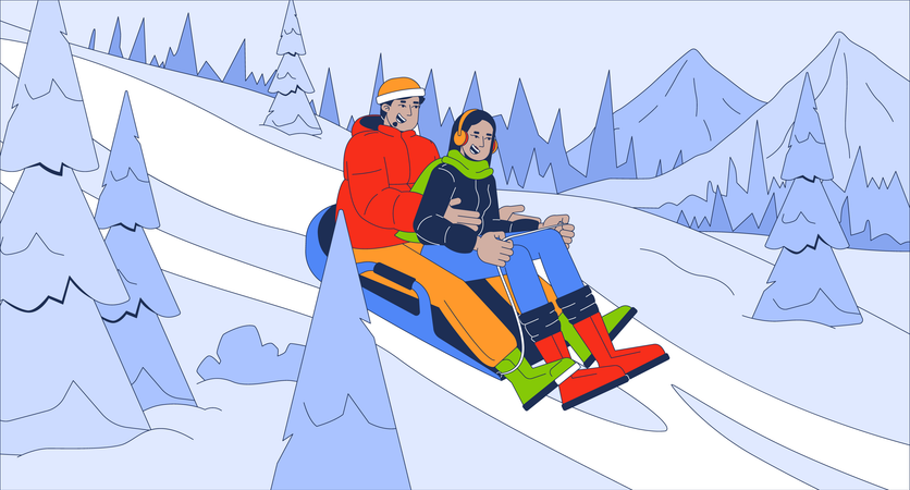 Rodelnde Menschen auf schneebedeckten Berghängen  Illustration