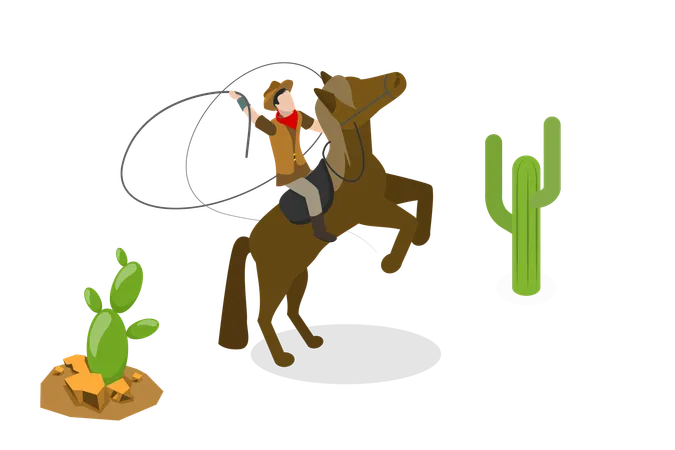 3 D Isometric Flat Vector Conceptual Illustration Of Wild West Rodeo Cowboy Riding A Horse Illustration