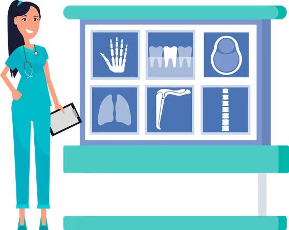 Roentgen na tela com luzes, médico assistente  Ilustração