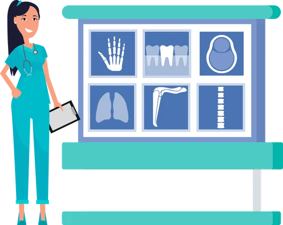 Analysis And Diagnostics Of X Ray Scanning Vector Woman With Clipboard Smiling Doctor Doc With Smile On Face Standing By Table With Images Of Bones Illustration
