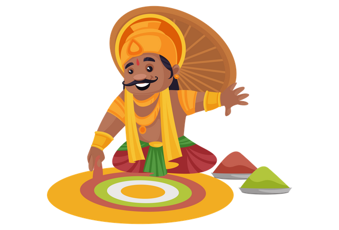 Le roi Mahabali prépare des rangoli sur le sol  Illustration